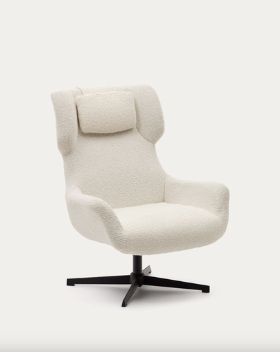 [S0900005J33] ZALINA : Fauteuil giratoire en bouclette blanche et acier noire 