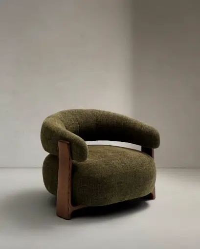 [S0900076CC19] GRANITE : Fauteuil Granite en tissu chenille vert et pieds en bois de frêne