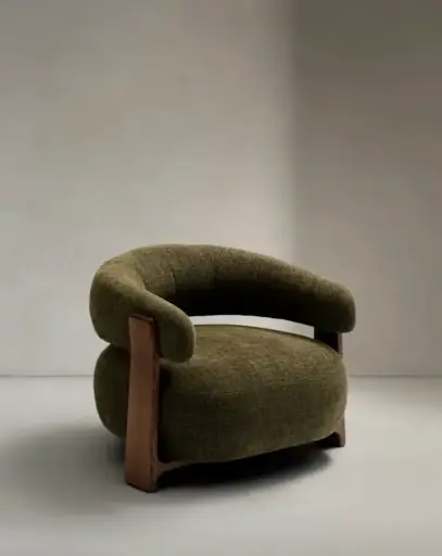 [S0900076CC19] GRANITE : Fauteuil Granite en tissu chenille vert et pieds en bois de frêne