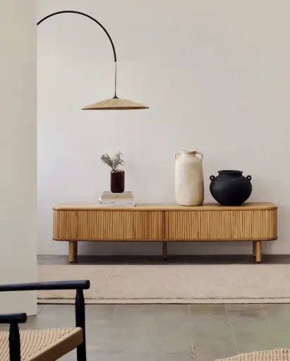 [M1000013MM50] MAILEN : Meuble TV 2 portes en placage de frêne avec finition naturelle 200 x 50 cm