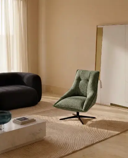 [S00134FA06] DIRALA : Fauteuil pivotant  en chenille verte et pieds noir