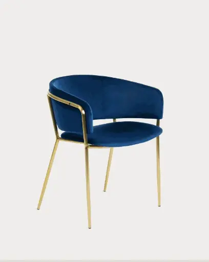 [CC0297J25] RUNNIE : Chaise Runnie velours bleu et pieds en acier doré