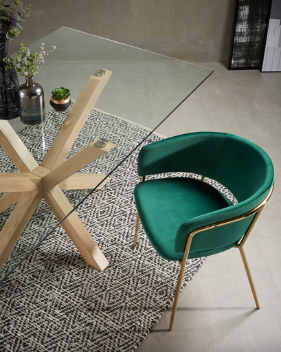 [CC0297J06] RUNNIE : Chaise Runnie velours vert et pieds en acier doré