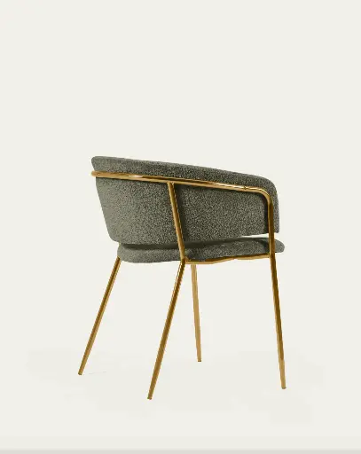 [CC0297BG19] RUNNIE : Chaise Runnie en chenille vert foncé avec pieds en acier finition dorée