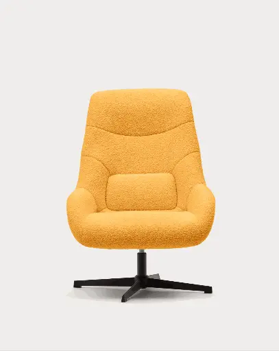 [S0900029J81] CELIDA : Fauteuil giratoire Celida en bouclette moutarde et acier avec finition noire