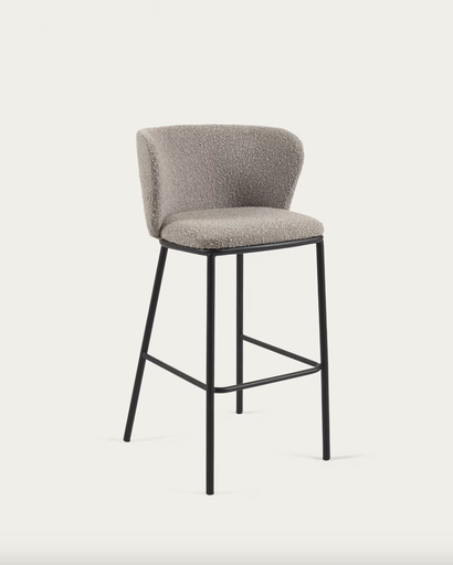 [CC3001J14] CISELIA : Tabouret Ciselia bouclette gris clair et métal noir hauteur 75 cm 