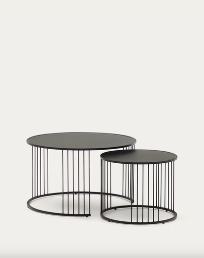 [T0600006] HADAR : Lot de 2 tables appoint gigognes Hadar verre trempé et métal peint en noir 75cm / 45cm