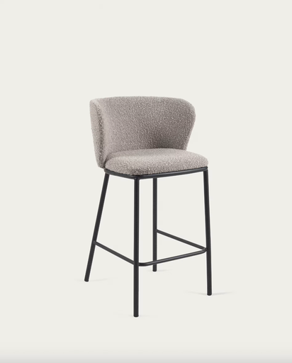 [CC3001J14H] CISELIA : Tabouret Ciselia en bouclette gris clair et pieds en acier peint noir hauteur 65 cm