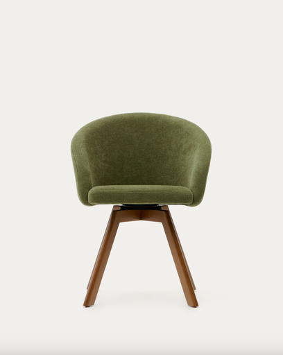 [C0100114KY20] MARVIN : Chaise giratoire Marvin en chenille verte et pieds en bois de chêne finition noyer