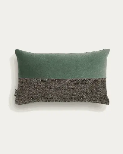 [X0500269JJ10] MIKAYLA : Housse coussin Mikayla en lin et coton à motifs et velours noir et vert 30 x 50 cm