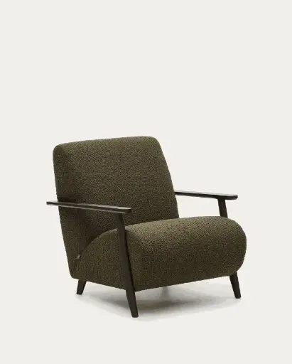 [S517J19] MEGHAN : Fauteuil Meghan bouclette verte et pieds en bois frêne finition wengué